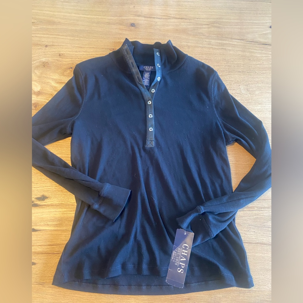 Chaps Henley Faux Leather Tab Black Women's Tunic Top Medium. NWT